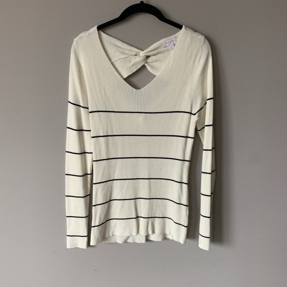 Long Sleeve Top - White with Blue Stripes - Open Cutouts in Back with Knot